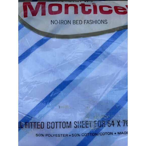 Vintage Cannon Monticello Double Full Fitted & Flat Sheet White w/Blue Stripes - Picture 7 of 8